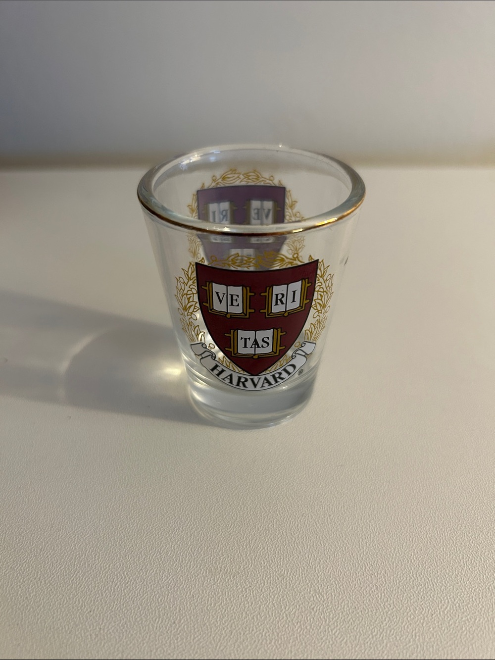 Harvard Red Crest Shot Glass with Gold Rim